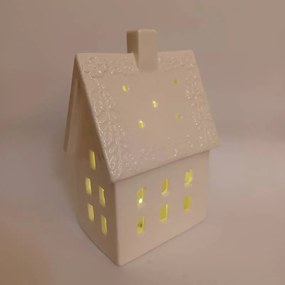 DECOLED Keramický domček, 10,6 x 8,7 x 16,8 cm, teplá biela, 2xLR44