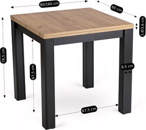 Sada stola MAX 80-160 cm, dub Craft/čierna, a 6 čiernych stoličiek PERU