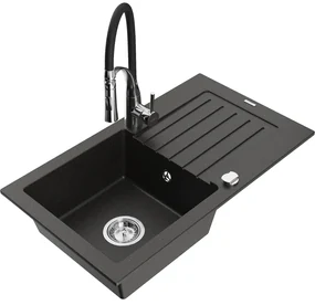 Mexen Pablo, 1-komorový granitový drez 752x436x161 mm a drezová batéria Aster, čierna-zlatá metalíza, 6510-75-73450-07