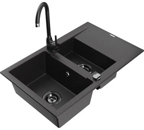 Mexen Gaspar, granitový drez 737x475x177 mm, 1,5-komorový a čierna batéria Telma, čierna, 6507-77-670200-70-B