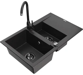 Mexen Gaspar, granitový drez 737x475x177 mm, 1,5-komorový a čierna batéria Telma, čierna, 6507-77-670200-70-B