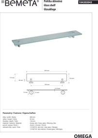 Bemeta Design OMEGA: Polička, 600 mm, sklo - 104202042