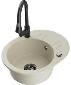 Mexen Kevin, 1-komorový granitový drez 586x458x190 mm a drezová batéria Elia, béžová, 6517-69-670101-70