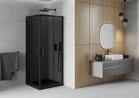 Mexen Rio, štvorcový sprchovací kút s posuvnými dverami 80(dvere) x 80(dvere) x 190 cm, 6mm šedé sklo, čierny profil + čierna sprchová vanička SLIM, 860-080-080-70-40-4070B