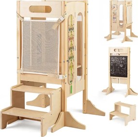 4 v 1 Sklopná učebná veža s 2-stupňovou stoličkou, tabuľou a odnímateľnou bezpečnostnou sieťou Stolička