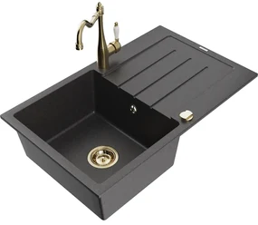 Mexen Bruno, granitový drez 795x495x200 mm, 1-komorový a drezová batéria Carla, čierna škvrnitá, 6513-76-670700-50