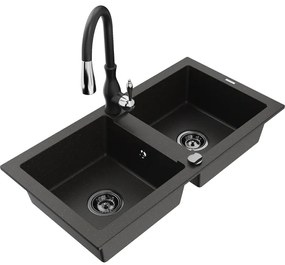 Mexen Mario, 2-komorový granitový drez 820x436x161 mm a drezová batéria Savita, čierna-zlatá metalíza, 6504-75-672601-70-B