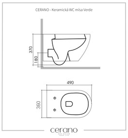 Cerano Verde, závesná WC misa Rimless 490x360x370 mm + UF toaletné sedátko, biela lesklá, CER-CER-417341