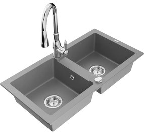 Mexen Mario, 2-komorový granitový drez 820x436x161 mm a drezová batéria Savita, šedá, 6504-71-672601-00