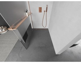 Mexen Kioto+ L, sprchová zástena Walk-In s poličkou a vešiakom 90 x 200 cm, 8mm číre sklo-námraza, medený matný profil, 800-090-123-65-35