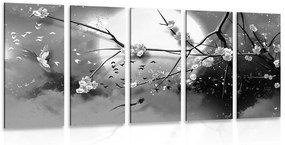 5-dielny obraz konáre stromu za splnu mesiaca v čiernobielom prevedení - 200x100