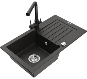 Mexen Pablo, granitový drez 752x436x161 mm, 1-komorový a čierna batéria Duero, čierna - zlatá metalíza, 6510-75-671600-70
