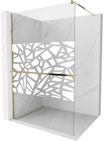 Mexen Kioto+, sprchová zástena s poličkou a držiakom na uteráky 130 x 200 cm, 8mm číre sklo vzor biely, zlatý profil, 800-130-121-50-85