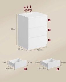 Nočný stolík s napájacou lištou, príručný stolík s 3 zásuvkami, 2 AC výstupmi, 2 USB porty, biely
