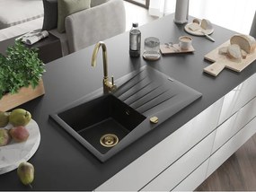 Mexen Cesar, granitový drez 775x470x190 mm, 1-komorový, čierna so zlatým sifónom, 6514771010-77-G