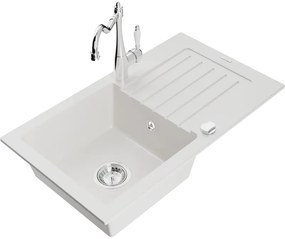 Mexen Pablo, granitový drez 752x436x161 mm, 1-komorový a drezová batéria Carla, biela, 6510-20-670700-00