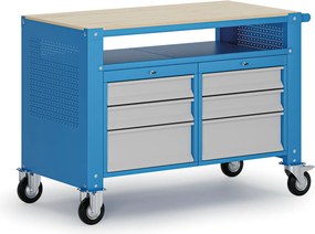 Pojazdný dielenský stôl G9, 1 polica, 6 zásuviek, 1180 x 595 x 865-1130 mm, sivá/modrá
