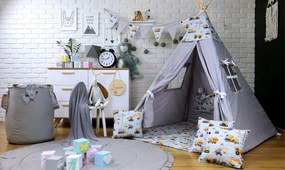 Detský stan TEEPEE (TÍPÍ) STAVEBNÁ TECHNIKA s doplnkami - sivý / biely