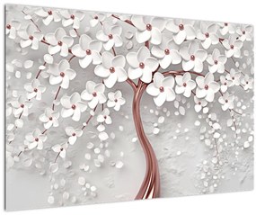 Obraz - Obraz bieleho stromu s kvetinami, rosegold (90x60 cm)
