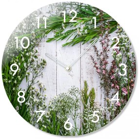 Okrúhle sklenené hodiny 30 cm s bylinkami