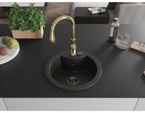 Mexen Diego, 1-komorový granitový drez 488x488x167 mm a drezová batéria Savita, čierna-zlatá metalíza, 6512-75-672601-50-B