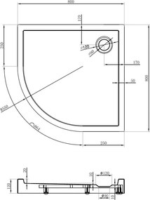 Mexen Flow+ štvrťkruhová sprchová vanička 80 x 80 cm, biela lesklá, 46Q108080H