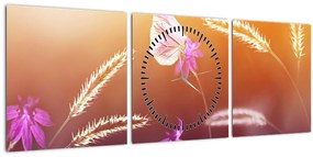 Obraz - Ružový motýľ (s hodinami) (90x30 cm)