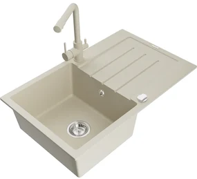Mexen Bruno, 1-komorový granitový drez s odkvapkávačom 795x495x200 mm a chrómová batéria Duero, béžová, 6513-69-671600-69