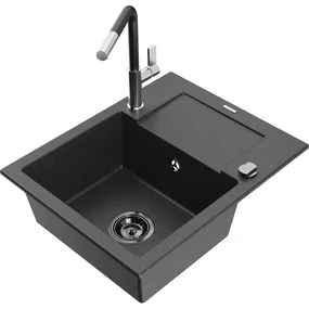 Mexen Enzo, 1-komorový granitový drez 576x465x174 mm a drezová batéria Flora, čierna škvrnitá, 6506-76-670401-07-B