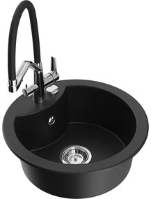 Mexen Diego, 1-komorový granitový drez 488x488x167 mm a drezová batéria Duo, čierna, 6512-77-671701-07