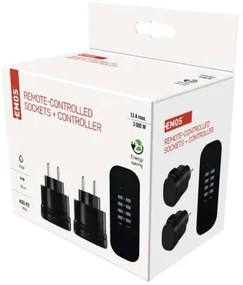 P0067 EMOS 3-set - diaľkovo ovládané zásuvky 2x, diaľkový ovládač 1x, vrátane batérie 1×3V CR2032, IP44, čierna