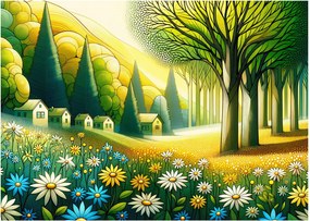 Sklenený obraz - Dedina v žlto-zelenej (70x50 cm)