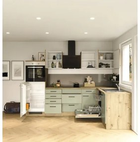 Rohová kuchynská linka so spotrebičmi Cara 280 cm farba čela zelená dub matná farba korpusu dub