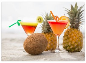 Sklenený obraz ananásov a pohárov na pláži (70x50 cm)