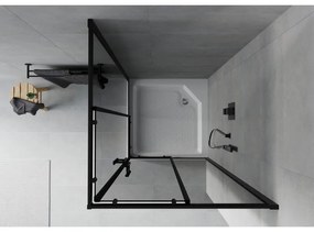 Mexen Rio, štvorcový sprchovací kút s posuvnými dverami 90(dvere) x 90(dvere) x 190 cm, 6mm šedé sklo, čierny profil + biela sprchová vanička RIO, 860-090-090-70-40-4510