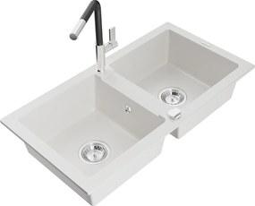 Mexen Mario, 2-komorový granitový drez 820x436x161 mm a drezová batéria Flora, biela, 6504-20-670401-07