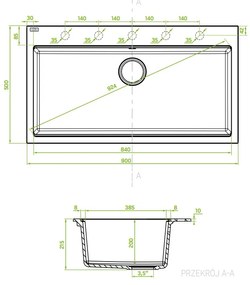 Laveo Tau, 1-komorový granitový drez 900x500x215 mm, šedá, LAV-SBT_5109