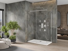 Mexen Omega, sprchovací kút s posuvnými dverami 140 (dvere) x 80 (stena) cm, 8mm číre sklo, chrómový profil + slim sprchová vanička 5cm, 825-140-080-01-00-4010