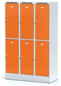Alfa 3 Šatníková skrinka na sokli s úložnými boxami, 6 boxov, 1920 x 1200 x 500 mm, otočný zámok, oranžové dvere
