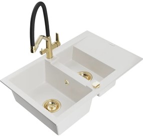 Mexen Gaspar, granitový drez 737x475x177 mm, 1,5-komorový a drezová batéria Duo, biela, 6507-20-671701-57-G