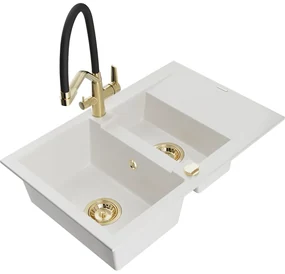 Mexen Gaspar, granitový drez 737x475x177 mm, 1,5-komorový a drezová batéria Duo, biela, 6507-20-671701-57-G