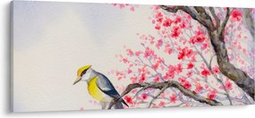 Obraz - Vtáčik na strome s červenými kvetmi (120x50 cm)