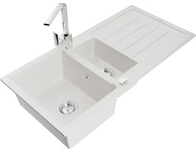 Mexen Andres, granitový drez 1000x500x200 mm, 1,5-komorový, biela s chrómovým sifónom a chrómová drezová batéria Rita, 6515-20-670300-00