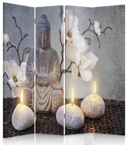 Ozdobný paraván Buddha šedé květiny kámen - 145x170 cm, štvordielny, obojstranný paraván 360°