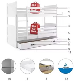 Poschodová detská posteľ RICO WHITE 90x200 cm - VIAC FARIEB