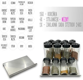 Orion Sada 16ks koreničiek BLACK 80ml + 4ks nerezový organizér na koreničky VASKY - NEREZ (nízky) + sada 24ks štítkov