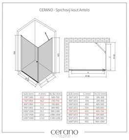 CERANO - Sprchovací kút Antelo L/P - 6 mm - čierna matná, transparentné sklo - 75x70 cm - krídlový, CER-CER-8050BD7500