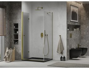 Mexen Lima, sprchový kút so skladacími dverami 90 (dvere) x 100 (stena) cm, 6mm číre sklo, chrómový profil + slim sprchová vanička čierna + zlatý sifón, 856-090-100-50-00-4070G