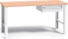 Pracovný stôl do dielne G3 so závesným boxom na náradie, buková škárovka, 1 zásuvka, pevné kovové nohy, 1500 mm, sivá