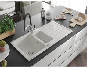 Mexen Andres, granitový drez 1000x500x200 mm, 1,5-komorový a drezová batéria Duo, biela, 6515-20-671701-07